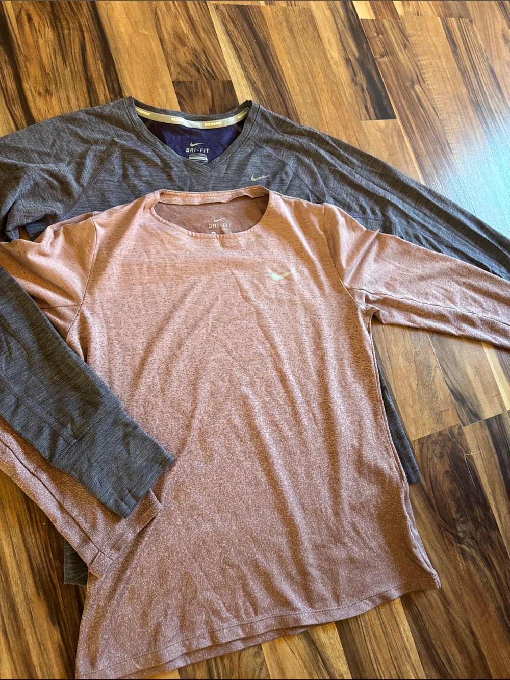 Two Women’s Nike Dri-Fit Long Sleeve Tops - Dusty Rose and Purple Grey